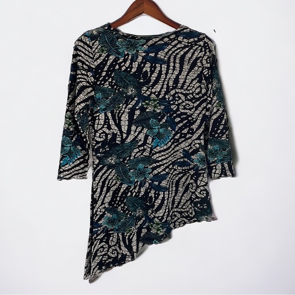 Magic Women’s One Size Top Floral 3/4 Sleeve Mesh Asymmetrical Hem Black Blue - Picture 1 of 12